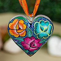Hand-painted wood pendant necklace, 'Burgeoning Heart in Red'