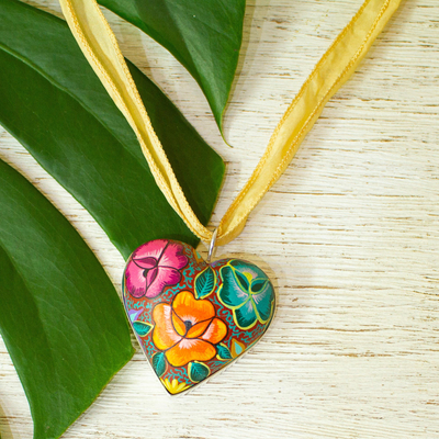Hand painted wood pendant necklace, Burgeoning Heart in Yellow
