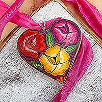 Hand painted wood pendant necklace, 'Burgeoning Heart in Fuchsia' - Sterling Silver and Wood Heart Pendant Necklace
