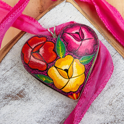 Hand painted wood pendant necklace, Burgeoning Heart in Fuchsia