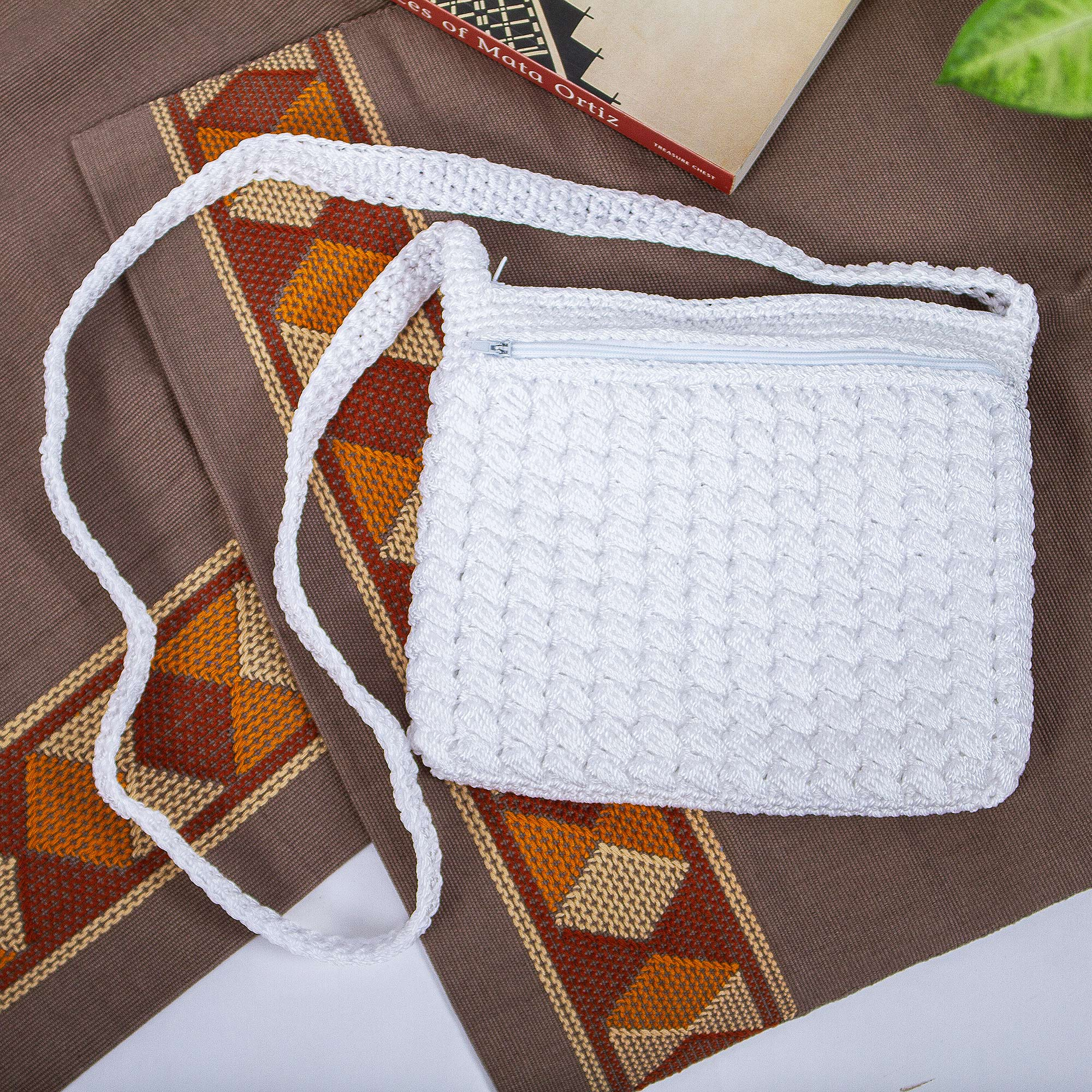 White Nylon Crocheted Shoulder Bag from Mexico Pure White NOVICA