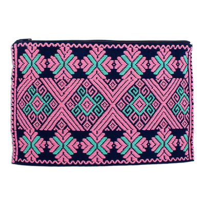 Hand woven cotton cosmetics case, 'Chiapas Brocade' - Hand Woven Blue Pink and Green Cosmetics Case