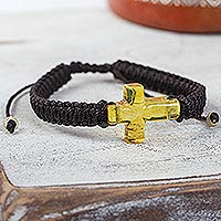Amber and macrame wristband bracelet, 'Millenary Cross' - Genuine Amber Unisex Macrame Bracelet