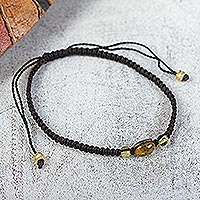 Amber pendant bracelet, 'Golden Remembrance' - Black Macrame Cord Bracelet with Amber Pendant