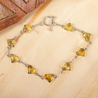 Amber link bracelet, 'Ancient Hearts' - Heart Shaped Amber Link Bracelet