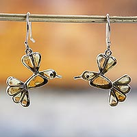 Amber dangle earrings, 'Golden Wren' - Amber Bird Dangle Earrings from Mexico