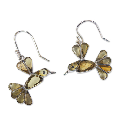 Amber dangle earrings, 'Golden Wren' - Amber Bird Dangle Earrings from Mexico
