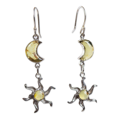 Amber dangle earrings, 'Ancient Sun and Moon' - Sun and Moon Amber Dangle Earrings