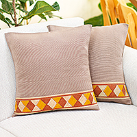 Cotton cushion covers, 'Maya Earth' - Hand Loomed Brown Cotton Cushion Covers (Pair)