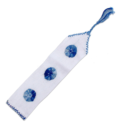 Embroidered cotton bookmark, 'San Cristobal Skies' - Handwoven White Cotton Bookmark with Blue Embroidery