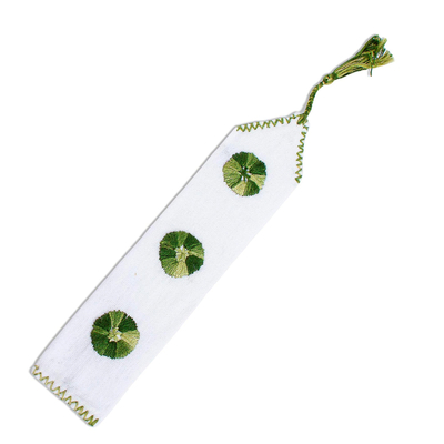 Embroidered cotton bookmark, 'San Cristobal Valley' - Handwoven Hand Embroidered Green and White Bookmark