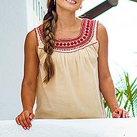 Beige Cotton Blouse with Traditional Red Embroidery,'San Cristobal Tradition'