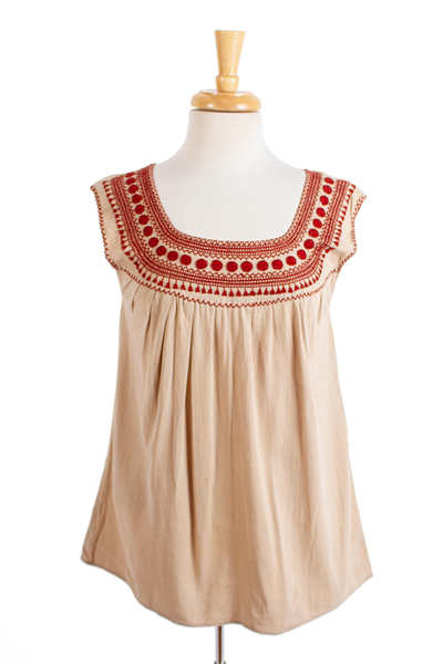 Cotton blouse, 'San Cristobal Tradition' - Beige Cotton Blouse with Traditional Red Embroidery