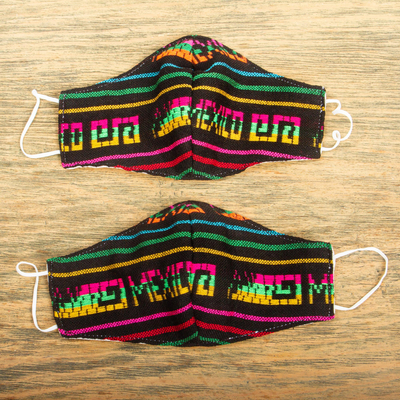Embroidered face masks, 'Fiesta in Mexico' (pair) - 2 Black Embroidered Cambaya Cloth Mexico Face Masks