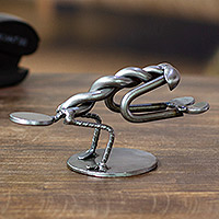 Recycled auto parts sculpture, 'Crow Pose I' - Hand Crafted Metal Sculpture of Crow Yoga Pose