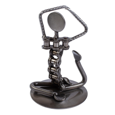 Recycled auto parts sculpture, 'Pigeon Pose II' - Handmade Eco-Friendly Recycled Metal Yoga Sculpture