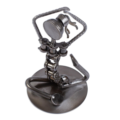 Recycled auto parts sculpture, 'Pigeon Pose I' - Unique Yoga-Themed Recycled Metal Statuette