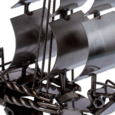 Recycled auto parts sculpture, 'Rustic Ship' - Rustic Sailing Ship Metal Sculpture