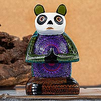 Wood alebrije sculpture, 'Panda Meditating' - Small Hand Painted Panda Alebrije Figurine