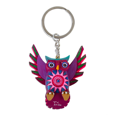 Wood alebrije key fob, 'Magenta Owl' - Hand Crafted Owl Alebrije Key Ring