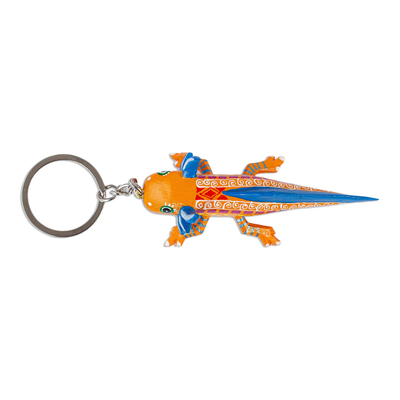 Alebrije-Schlüsselanhänger aus Holz, „Mango Axolotl“ – Orange-gelber Axolotl Alebrije-Schlüsselanhänger aus Holz