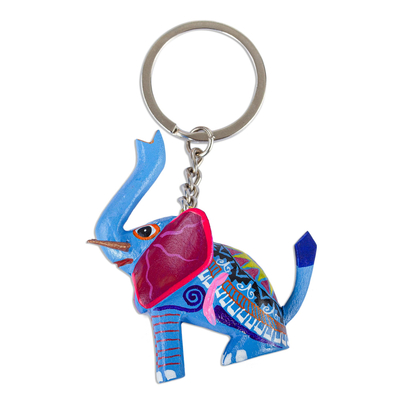 Wood alebrije key fob, 'Blue Elephant' - Hand Crafted Light Blue Elephant Alebrije Key Fob