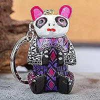 Wood alebrije key fob, 'Wide-Eyed Panda'