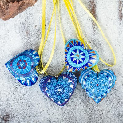 Wood ornaments, Blue Zapotec Heart (set of 4)