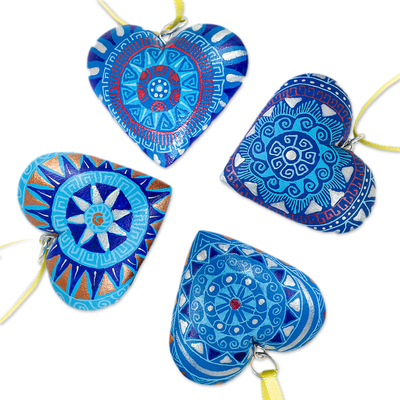 Wood ornaments, 'Blue Zapotec Heart' (set of 4) - 4 Zapotec Hand Painted Blue Wood Heart Ornaments