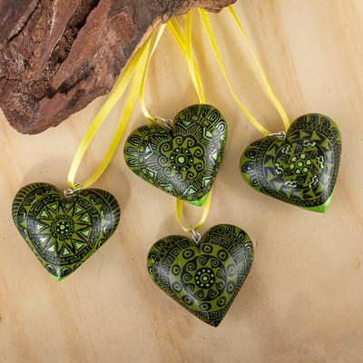 Wood ornaments, 'Green Zapotec Heart' (set of 4) - 4 Zapotec Hand Painted Green Wood Heart Ornaments