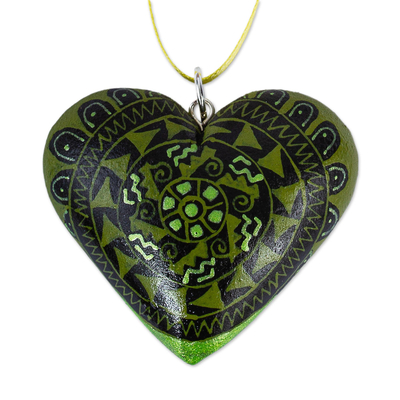 4 Zapotec Hand Painted Green Wood Heart Ornaments - Green Zapotec Heart