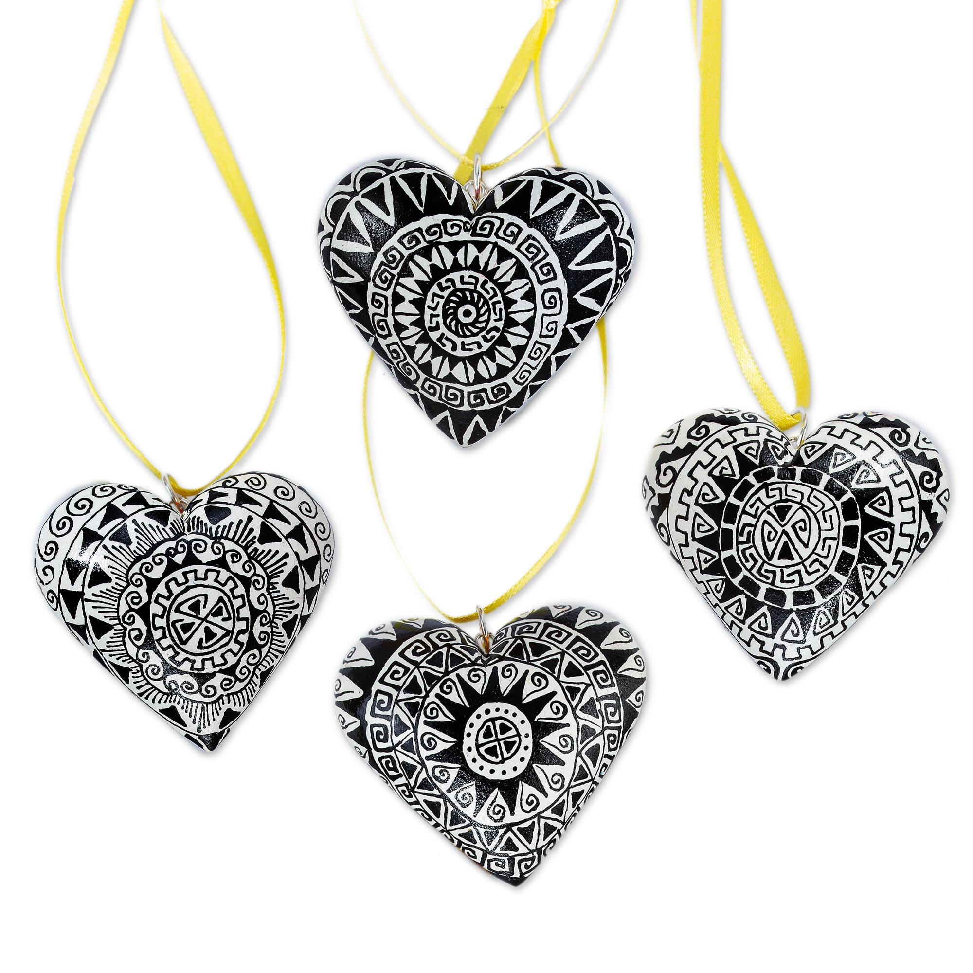 4 Zapotec Hand Painted Black and White Wood Heart Ornaments, 'Zapotec Heart