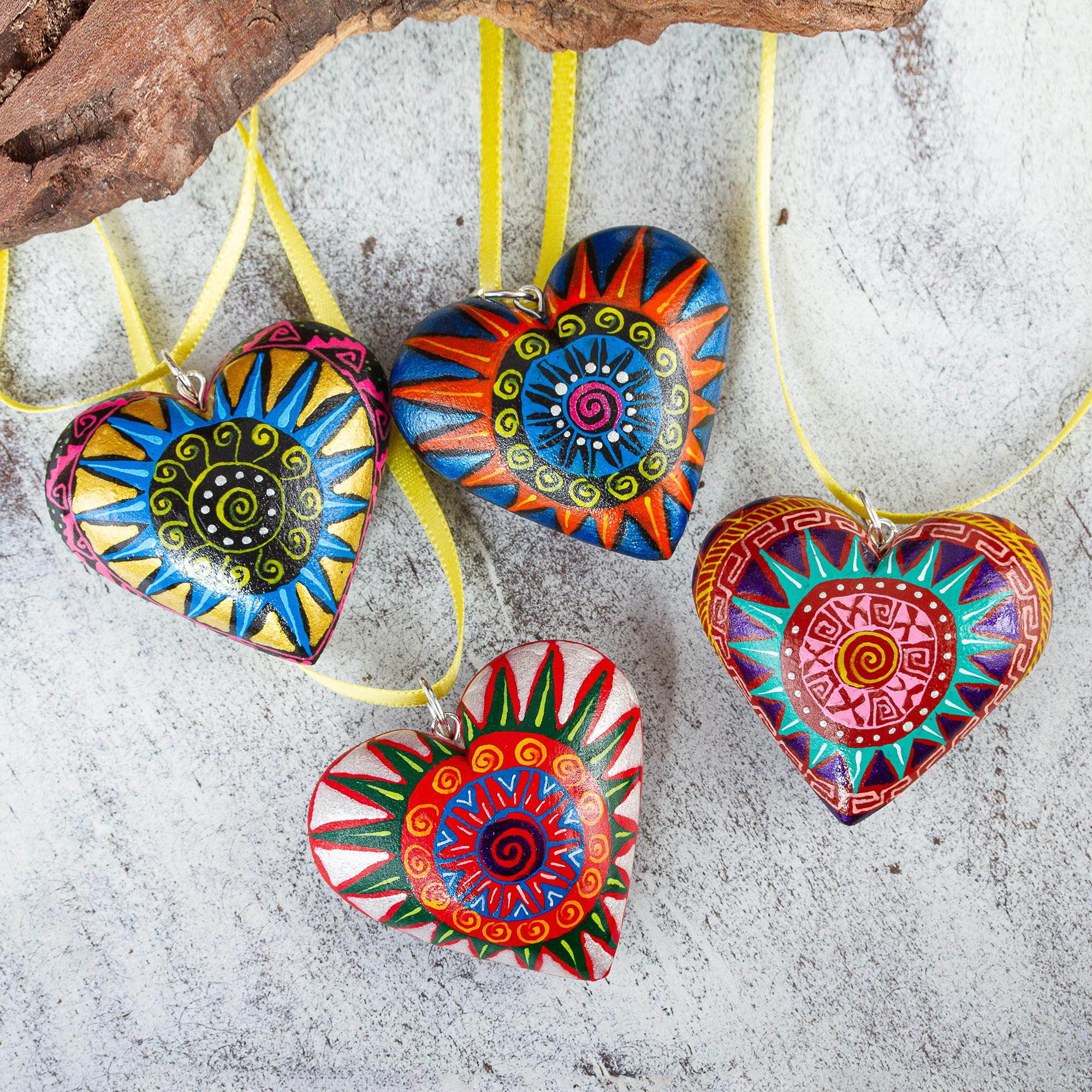 Kiva Store  4 Zapotec Hand Painted Colorful Wood Heart Ornaments - Zapotec  Star Heart