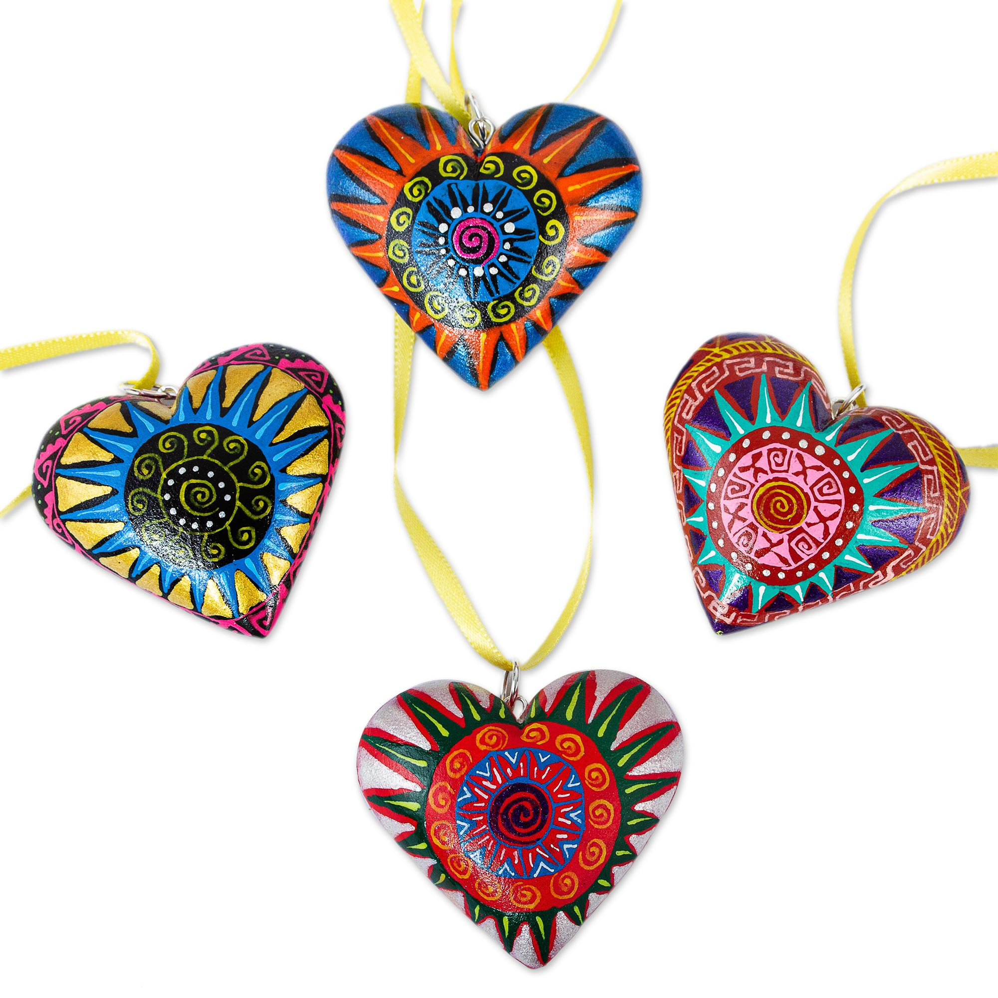 4 Zapotec Hand Painted Colorful Wood Heart Ornaments, 'Zapotec Star Heart