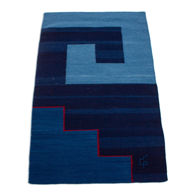 Hand Crafted Blue Wool Area Rug with Natural Dyes (2x3.25)