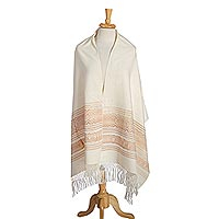 Mantón de rebozo de algodón zapoteco, 'Natural Allure' - Marrón zapoteca tejido a mano sobre chal de rebozo de algodón marfil