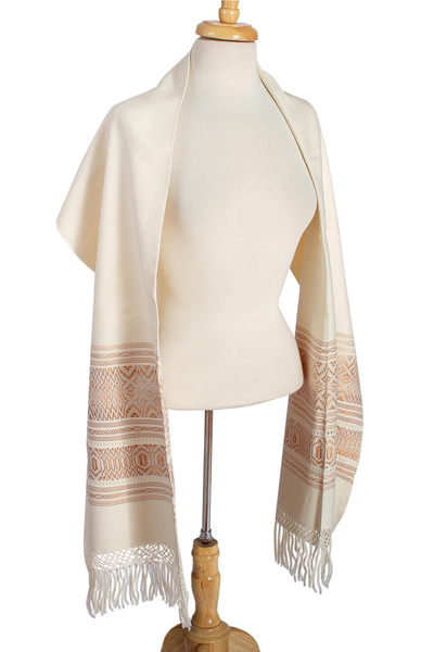 Rebozo-Schal aus Zapotec-Baumwolle - Handgewebter Rebozo-Schal aus Zapotec-Baumwolle in Braun auf Elfenbein