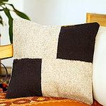 Black and Pale Taupe Colorblock Wool Cushion Cover, 'Oaxacan Blocks'