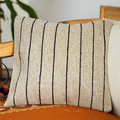 Wool cushion cover, 'Oaxacan Stripes' - Striped All Wool Black and Light Taupe Cushion Cover