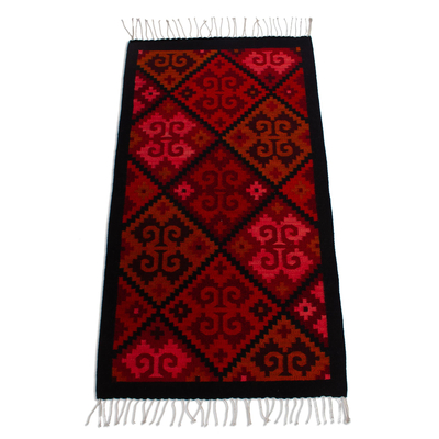 Wool area rug, 'Crimson Fretwork' (2.5x5) - Red and Black Fretwork Hand Woven Wool Area Rug (2.5x5)