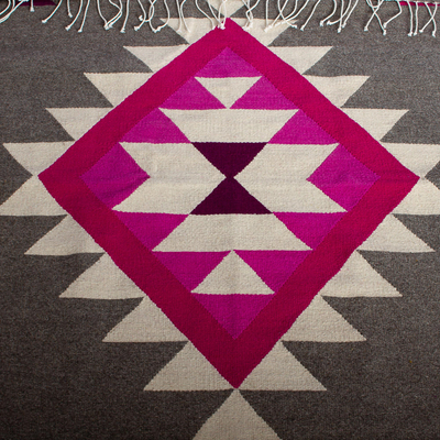 Wool area rug, 'Solar Symbol' (4x6.5) - Magenta and Grey Wool Area Rug from Mexico (4x6.5)