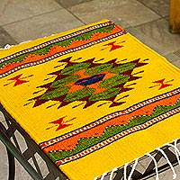 Zapotec wool table mat, 'Golden Eye' - Hand Loomed Zapotec Style Wool Table Mat
