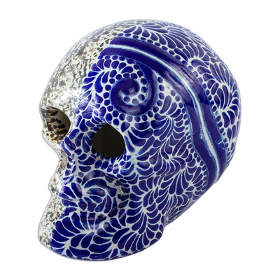 Ceramic sculpture, 'Skull Dichotomy' - Handmade Talavera Style Two-Sided Skull Sculpture