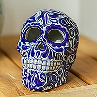 Ceramic sculpture, 'Talavera Grin' - Puebla Handmade Talavera Style Skull Sculpture in Cobalt
