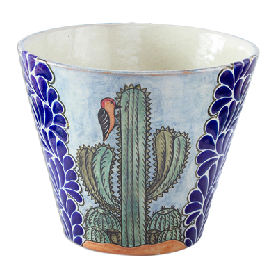 Jardinera de cerámica - Macetero de cerámica con motivo de cactus pintado a mano de Puebla