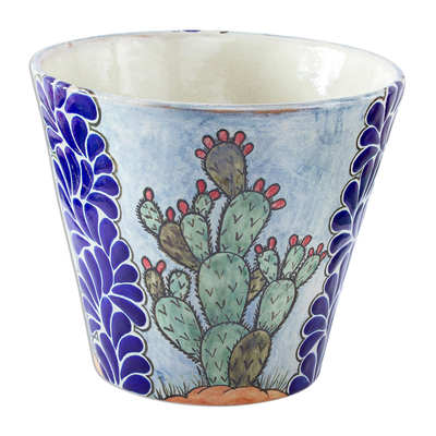 Ceramic planter, 'Puebla Flora' - Hand Painted Cactus Motif Ceramic Planter from Puebla