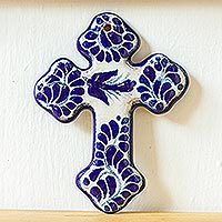 Ceramic wall cross, 'Puebla Peace' - Handcrafted Talavera Style Blue and Off White Wall Cross