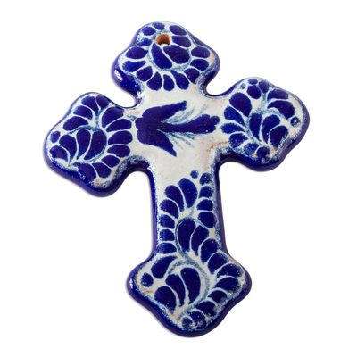 Ceramic wall cross, 'Puebla Peace' - Handcrafted Talavera Style Blue and Off White Wall Cross