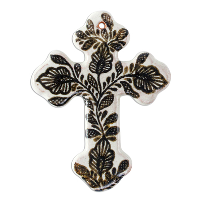 Ceramic wall cross, 'Living Cross' - Hand Crafted Talavera Style Ceramic Wall Cross