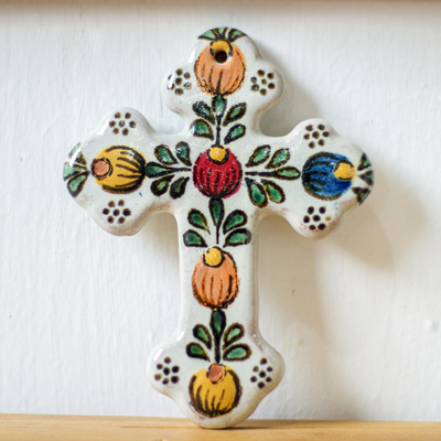 Cruz de pared de cerámica - Colorida cruz de pared de cerámica estilo talavera hecha a mano